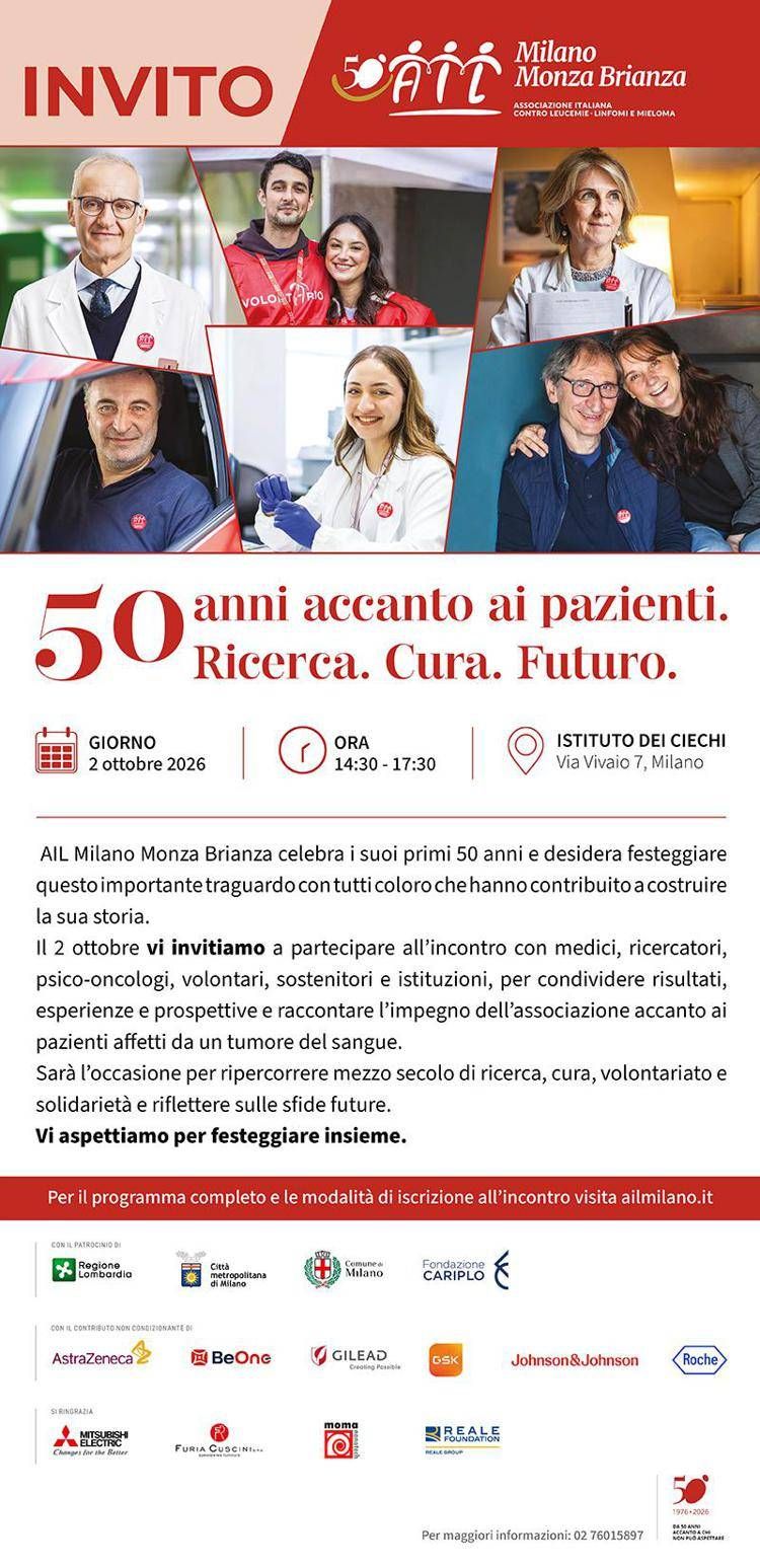 Ail Milano Monza Brianza compie 50 anni, 'accanto ai pazienti e alla ricerca'