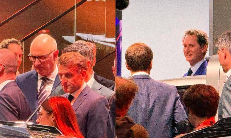 John Elkann e Emmanuel Macron al Salone dell'auto a Parigi