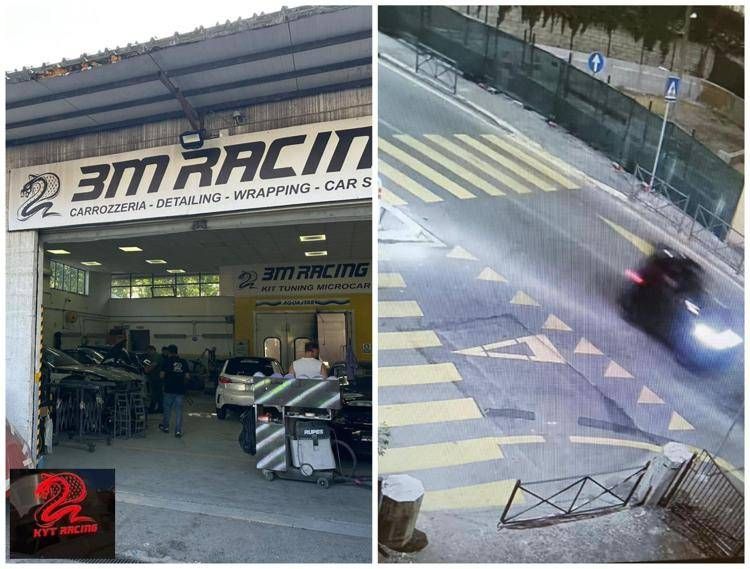 A sinistra l'officina e il logo, a destra la minicar
