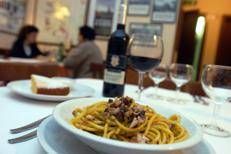 I ALIMENTI PIATTO DI PASTA SPAGHETTI CON BOTTIGLIA E BICCHIERE DI VINO (Nanni Fontana, MILANO - 2005-02-08)  - FOTOGRAMMA