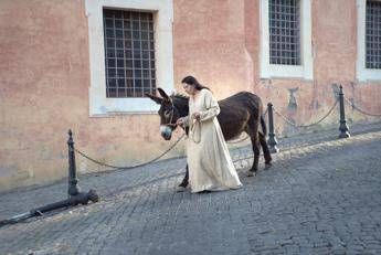 L'artista Marina Abramovic a spasso per Roma con l'asino Paltò