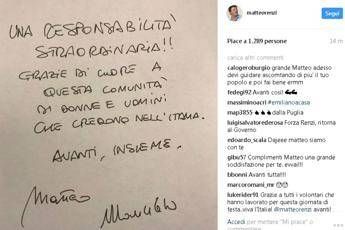 Renzi su Instagram: Grazie e ora avanti insieme Renzi su Instagram: Grazie e ora avanti insieme