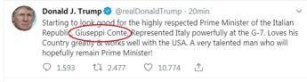 Trump twitta per Conte ma sbaglia nome: Giuseppi... Trump twitta per Conte ma sbaglia nome: Giuseppi...