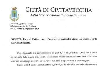 Virus Cina, sindaco Civitavecchia: Sbarco solo dopo test Virus Cina, sindaco Civitavecchia: Sbarco solo dopo test