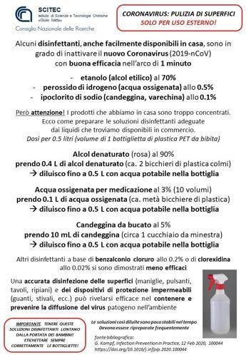 Coronavirus, da scienziati Cnr disinfettante 'casalingo'. Virus Ko in 1 minuto Coronavirus, da scienziati Cnr disinfettante 'casalingo'. Virus Ko in 1 minuto