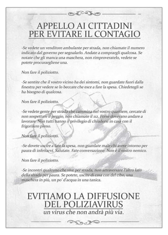 Volantini contro il 'poliziavirus', 'se vedete gente per strada non chiamate il 112' Volantini contro il 'poliziavirus', 'se vedete gente per strada non chiamate il 112'