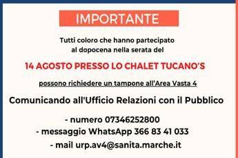 Positivo alla cena dello chalet, appello a Porto San Giorgio Positivo alla cena dello chalet, appello a Porto San Giorgio