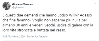 Omicidio Willy, Veronesi: Chi lo ha ucciso esca vecchio di galera