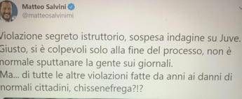 ''Sospesa indagine sulla Juve'', Salvini twitta e tifosi si arrabbiano ''Sospesa indagine sulla Juve'', Salvini twitta e tifosi si arrabbiano