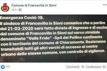 Coronavirus, chiuso Francavilla in Sinni nel potentino Coronavirus, chiuso Francavilla in Sinni nel potentino