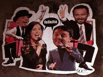 Renzi e Boschi cantanti in un graffito che cita 'The voice', con J-Ax e Francesco Facchinetti Renzi e Boschi cantanti in un graffito che cita 'The voice', con J-Ax e Francesco Facchinetti