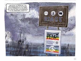 Il cartello dell’accoglienza di Riace resta, in un fumetto